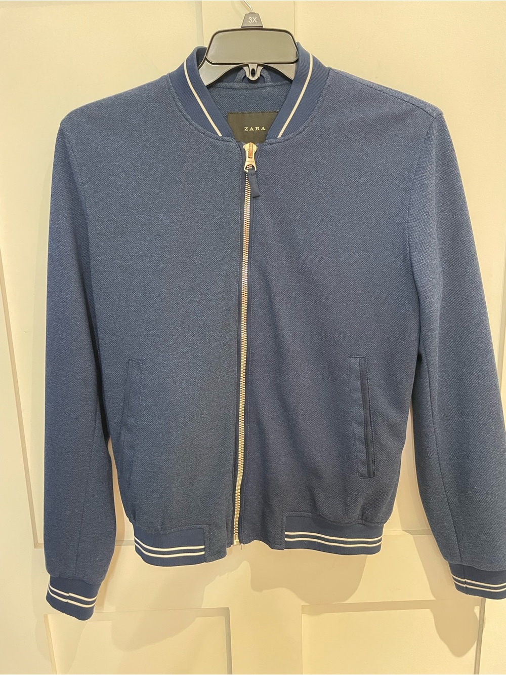 Zara Men’s Navy Varsity Bomber Zip Front Satin Lined Jacket S Great Cond